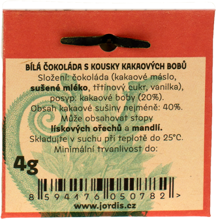 Bílá čokoláda 40% s kousky bobů 4g