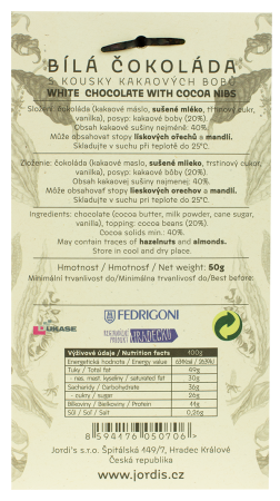Bílá čokoláda 40% s kousky bobů 50g