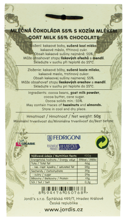 Mléčná čokoláda 55% s kozím mlékem  50g